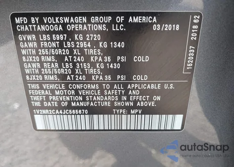 2018 Volkswagen Atlas 3.6L V6 Sel Premium from USA, damaged, VIN 1V2NR2CA4JC565670